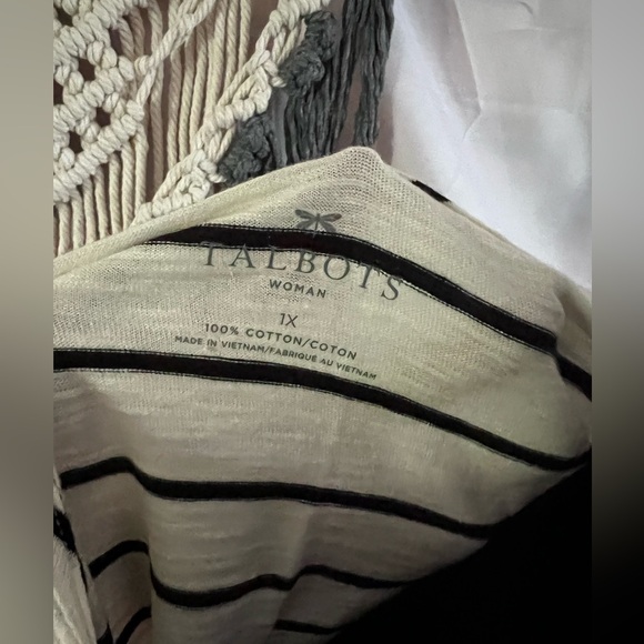 Talbots Ivory Black Stripe Plus Size 1X Rhinestones 3/4 Sleeves Knit Top Blouse - Picture 9 of 12